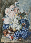 ₴ Репродукція натюрморт від 263 грн.: Натюрморт з фруктами та квіти з горобцем