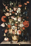 ₴ Репродукція натюрморт від 213 грн.: Тюльпани, троянди, іриси, гвоздики, нарциси, макові анемони, гіацинт та інші квіти з метеликом та жуком на кам'яному виступі