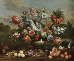 ₴ Репродукція натюрморт від 170 грн.: Квіти у срібній урні з фруктами, білкою та папугою на землі