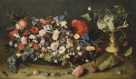 ₴ Репродукція натюрморт від 253 грн.: Кошик квітів та складна ваза з виноградом на стільниці