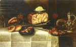 ₴ Репродукция натюрморт от 217 грн.: Стол с сыром, ветчиной, хлебом. крабами и другими объектами