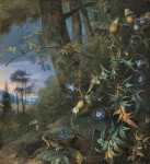 ₴ Репродукція натюрморт від 314 грн.: Лісовий натюрморт із жабою та грибами, гори за її межами