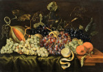 ₴ Репродукція натюрморт від 229 грн.: Червоний, чорний та зелений виноград на лозі з апельсинами, частково очищеним лимоном та драпіруванням стільниці