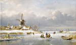 ₴ Репродукція краєвид від 199 грн.: Зимний пейзаж с фигуристами на замершем канале