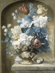 ₴ Репродукція натюрморт від 196 грн.: Букет квітів у вазі з гніздом птиці на виступі поруч