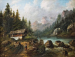 ₴ Репродукція краєвид від 241 грн: Невелике альпійське озеро з фермерським будинком та фігурою