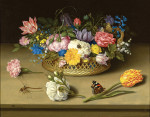 ₴ Репродукція натюрморт від 247 грн.: Квіти у кошику, метелики та бабка