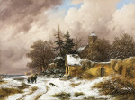 ₴ Репродукція краєвид від 235 грн.: Зимовий пейзаж з сільськими мешканцями на дорозі