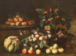 ₴ Репродукція натюрморт від 235 грн.: Яблука, інжир, груші та інші фрукти у кошику, з двома кавунами на виступі