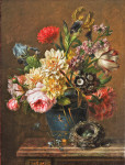 ₴ Репродукція натюрморт від 196 грн.: Троянди, іриси, тюльпан у вазі та пташине гніздо