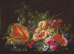 ₴ Картина натюрморт відомого художника від 242 грн.: Розрізана диня, вишні, агрус, персики, виноград, інжир, сливи, квіти, равлики і комахи на кам'яному виступі