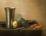 ₴ Репродукція натюрморт від 247 грн.: Срібний келих та перевернутий ремер, хліб, ніж, лимон та оливки на двох олов'яних тарілках