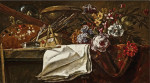 ₴ Репродукція натюрморт від 187 грн.: Атрибути художника, використана палітра та серія пензликів разом із кошиком квітів на столі