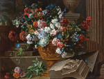 ₴ Репродукція натюрморт від 396 грн.: Квіти у скульптурній урні з архітектурними фрагментами на терасі