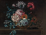 ₴ Репродукція натюрморт від 396 грн.: Строкаті гвоздики та інші квіти на виступі