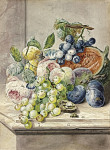 ₴ Репродукція натюрморт від 200 грн.: Розрізана диня та дві троянди, виноград, персики, зливу та волоський горіх