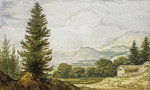 ₴ Репродукція краєвид від 199 грн.: Гірський краєвид, ліворуч високі ялини, праворуч дві хатини
