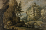 ₴ Репродукція пейзаж від 217 грн.: Зліва високі скелі з ялинками, праворуч на високих скелях замок, через струмок кам'яний міст