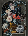 ₴ Репродукція натюрморт від 191 грн.: Гвоздики, троянди, мальви та інші квіти у ліпній бронзовій урні з метеликами