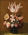 ₴ Репродукція натюрморт від 247 грн.: Тюльпани, троянди та інші квіти у скляній вазі з равликом на столі