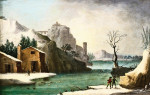₴ Картина пейзаж художника від 163 грн.: Зимовий пейзаж з мандрівниками вздовж річки, місто на вершині пагорба