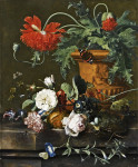 ₴ Репродукция натюрморт от 306 грн.: Маки в терракотовый вазе, розы, гвоздики и другие цветы, птичье гнездо на мраморном выступе