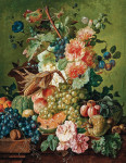 ₴ Репродукція натюрморт від 247 грн.: Квіти, фрукти та кукурудза у качанах на виступі столу