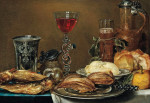 ₴ Репродукція натюрморт від 223 грн.: Сніданок з рибою, хлібом, олією та лимоном перед глечиком з бокалами та срібною чашкою