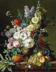 ₴ Репродукція натюрморт від 247 грн.: Квіти у вазі з ананасом, персиками та виноградом на кам'яному виступі