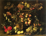 ₴ Репродукція натюрморт від 235 грн.: Натюрморт з квітами, фруктами та папугою