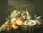 ₴ Репродукція натюрморт від 325 грн.: Персики, інжир, сливи, виноград та устриці на дерев'яному столі