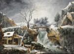 ₴ Картина пейзаж художника від 181 грн.: Зимовий пейзаж з водоспадом та селянською родиною біля хатини