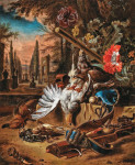 ₴ Картина натюрморт художника від 183 грн.: Куропатки, співочі птахи, качка, рушницю і перепілка в парковій зоні