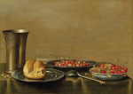 ₴ Репродукція натюрморт від 229 грн.: Вигравірована срібна склянка та ложка, булочка на олов'яній тарілці, ягоди у чаші, перекинута чарка