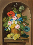 ₴ Репродукція натюрморт від 254 грн.: Квіти у вазі, виноград та яблука на кам'яному виступі в ніші