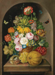 ₴ Репродукція натюрморт від 254 грн.: Квіти, фрукти та пташине гніздо на кам'яному виступі у ніші