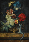 ₴ Репродукція натюрморт від 265 грн.: Тюльпани та інші квіти у вазі на мармуровому виступі, ящірка і метелик