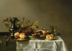 ₴ Картина натюрморт відомого художника від 194 грн.: Персики на срібному блюді, фруктовий пиріг, булочка, чорнослив і срібний кавник на столі