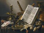 ₴ Картина натюрморт відомого художника від 204 грн.: Ванітас з книгою, ремером, черепом, лютней, гральними картами і пергаментом на столі