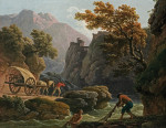 ₴ Картина пейзаж відомого художника від 209 грн.: Гірський річковий пейзаж з двома рибалками закидати мережі і фігура з кінної возом