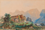 ₴ Картина пейзаж художника від 184 грн.: Баварський фермерський будинок на озері Кенігзеє на тлі гори Вацманн