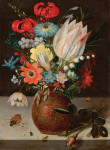 ₴ Картина натюрморт художника от 205 грн.: Натюрморт с цветами, тюльпаном, подснежниками, клетчатой лилией, в вазе с посудой на каменном постаменте с насекомыми