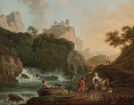 ₴ Картина пейзаж відомого художника від 248 грн.: Скелястий пейзаж з рибалкою і мандрівниками біля річки з водопадом, далеко акведук