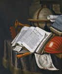 ₴ Картина натюрморт художника від 235 грн.: Ванітас із лютнею, глобусом, відкритою копією "Британський Мерлін" та гравюрою Цезаря Октавіана Августа