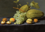 ₴ Картина натюрморт художника від 229 грн.: Диня, виноград, персик і волоський горіх, все на кам'яному виступі