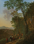 ₴ Картина краєвид художника від 191 грн.: Елегантно одягнена пара верхи на конях разом з мандрівниками у південному пейзажі