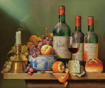 ₴ Картина натюрморт художника від 259 грн.: Винні пляшки, фрукти, сир та свічник на полиці