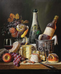 ₴ Картина натюрморт художника від 232 грн.: Пляшка шампанського та сир