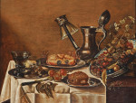 ₴ Картина натюрморт відомого художника від 181 грн.: Краб, дві склянки, фрукти та ягоди на олов'яній тарілці, глечик, все на столі задрапірованої білою тканиною