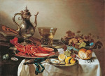 ₴ Репродукция натюрморт от 235 грн.: Тарелка с омаром, серебряный кувшин, большой кубок, ваза с фруктами, скрипка и книги